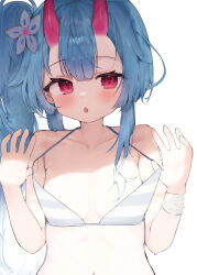 Rule 34 | 1girl, absurdres, bare arms, bare shoulders, bikini, blue archive, blue bikini, blue hair, blush, chise (blue archive), chise (swimsuit) (blue archive), commentary, commentary request, flat chest, gradient horns, highres, horns, long hair, looking at viewer, multicolored horns, navel, naya (888890tt), oni, open mouth, pink horns, red eyes, side ponytail, simple background, skin-covered horns, striped bikini, striped clothes, swimsuit, symbol-only commentary, upper body, white background, white stripes