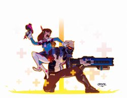 Rule 34 | 1boy, 1girl, animal print, armor, artist name, assault rifle, battle rifle, belt pouch, bodysuit, boots, bracer, breasts, breasts apart, brown hair, carrying, charm (object), closed eyes, commentary, covered mouth, d.va (gremlin), d.va (overwatch), doritos, energy gun, explosive, facepaint, facial mark, fatherly, food, food on face, from side, full body, gameplay mechanics, gloves, grenade, gun, hand on another&#039;s head, hand up, handgun, headphones, healing, holding, holding gun, holding weapon, holster, jacket, knee boots, long hair, long sleeves, mask, mouth mask, overwatch, overwatch 1, pants, pauldrons, pilot suit, pouch, rabbit print, red gloves, restrained, ribbed bodysuit, rifle, short hair, shoulder armor, shoulder pads, signature, soldier: 76 (overwatch), thigh boots, thighhighs, turtleneck, visor, weapon, whisker markings, white footwear, white gloves, white hair, yosilog