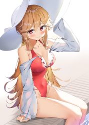 Rule 34 | 1girl, absurdres, arm support, arm up, azur lane, bare shoulders, blonde hair, blush, breasts, cleavage, closed mouth, collarbone, commentary, covered navel, detached sleeves, frilled swimsuit, frills, groin, halterneck, hat, highleg, highleg swimsuit, highres, kuse (0201), large breasts, long hair, long sleeves, looking at viewer, one-piece swimsuit, red eyes, richelieu (azur lane), richelieu (fleuron of the waves) (azur lane), sitting, solo, sun hat, swimsuit, wading, water, white background, white hat, white sleeves