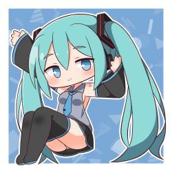 Rule 34 | 1girl, aqua hair, arm up, ass, bare shoulders, black footwear, black skirt, black sleeves, blue background, blue eyes, blue necktie, blush, boots, breasts, chibi, closed mouth, collared shirt, detached sleeves, full body, grey shirt, hair between eyes, hana kazari, hand up, hatsune miku, headphones, highres, long sleeves, looking at viewer, necktie, outline, outstretched arm, panties, pleated skirt, shirt, skirt, sleeveless, sleeveless shirt, sleeves past wrists, small breasts, smile, solo, thick eyebrows, thigh boots, tie clip, twintails, underwear, vocaloid, white outline, white panties, wide sleeves