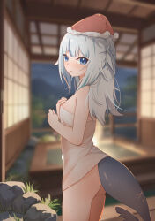 Rule 34 | 1girl, 8 nana usagi, absurdres, ass, blue eyes, blue hair, blunt bangs, blush, breasts, commentary request, fins, fish tail, from behind, gawr gura, grey hair, hat, highres, hololive, hololive english, indoors, medium hair, multicolored hair, naked towel, onsen, parted lips, red hat, santa hat, shark girl, shark tail, small breasts, solo, streaked hair, tail, towel, two side up, virtual youtuber