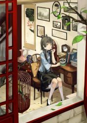 Rule 34 | 1girl, :p, bird, birdcage, black hair, book, cage, chair, chinese clothes, clock, cotta, eating, food, green eyes, hair rings, hair tubes, highres, kneehighs, leaf, long hair, luo tianyi, painting (object), short hair with long locks, sitting, skirt, socks, spoon, table, tongue, tongue out, vase, vocaloid, vocanese, window