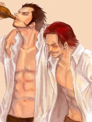 Rule 34 | 2boys, abs, amputee, animal eyes, arisue kanako, black hair, bottle, dracule mihawk, drinking, facial hair, leaning, male focus, multiple boys, muscular, mustache, one piece, open clothes, open shirt, red hair, scar, shanks (one piece), shirt, simple background, smile, white background, white shirt, yellow eyes