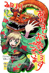 Rule 34 | (#)w(#), 10s, 1girl, 2012, blonde hair, dragon, eastern dragon, green eyes, huang baoling, japanese clothes, kimono, new year, outstretched arm, sandals, short hair, solo, tiger &amp; bunny