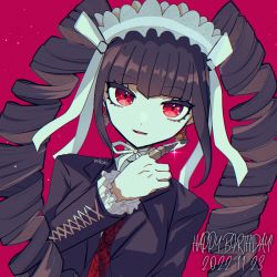 Rule 34 | 1girl, :d, artist name, black hair, black jacket, black nails, celestia ludenberg, danganronpa: trigger happy havoc, danganronpa (series), dated, drill hair, earrings, happy birthday, index finger raised, jacket, jewelry, long hair, mikao (eanv5385), nail polish, necktie, open mouth, print necktie, red background, red eyes, red necktie, simple background, smile, solo, twin drills, twintails, upper body
