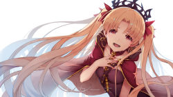 Rule 34 | 1girl, absurdres, black ribbon, blonde hair, breasts, cape, cleavage, diadem, earrings, ereshkigal (fate), fate/grand order, fate (series), hair ribbon, hand on own chest, highres, infinity symbol, jewelry, long hair, looking at viewer, medium breasts, nail polish, open mouth, rafael-m, red cape, red eyes, red nails, ribbon, simple background, skull, solo, spine, tears, teeth, two side up, upper body, white background
