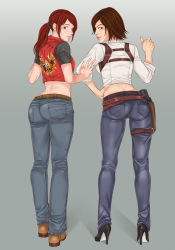 Rule 34 | 2girls, ass, back, belt, boots, brown hair, claire redfield, crossover, denim, from behind, green eyes, hand on own hip, high heel boots, high heels, highres, jeans, julie kidman, linart, looking at viewer, looking back, midriff, multiple girls, pants, ponytail, red hair, resident evil, resident evil - code: veronica, short hair, the evil within