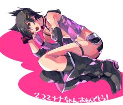 Rule 34 | 10s, 1girl, ;o, animal ears, asymmetrical gloves, asymmetrical legwear, bare shoulders, black footwear, black hair, black shorts, black socks, boots, bracelet, breasts, brown eyes, choker, cleavage, dated, elbow gloves, eyebrows, fetal position, fingerless gloves, fox ears, full body, gloves, god eater, god eater 2: rage burst, hair ornament, hairclip, hand in own hair, ishiwari, jewelry, knee boots, kneehighs, kouzuki nana, looking at viewer, lying, mismatched gloves, navel, on side, one eye closed, open clothes, open mouth, open vest, pink gloves, pink vest, round teeth, short hair, short shorts, shorts, side slit, single kneehigh, single sock, single thighhigh, socks, solo, stomach, strapless, teeth, text focus, thigh strap, thighhighs, translation request, tube top, uneven legwear, vest, yawning