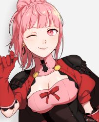 Rule 34 | 1girl, ;), alternate hair length, alternate hairstyle, armor, black cape, blush, breasts, cape, center opening, cleavage, closed mouth, commentary, corset, dress, earrings, female focus, fire emblem, fire emblem: three houses, fire emblem warriors: three hopes, gloves, grey background, highres, hilda valentine goneril, hoop earrings, jacket, jewelry, looking at viewer, matching hair/eyes, medium breasts, medium hair, nintendo, official alternate costume, official alternate hairstyle, one eye closed, peach11 01, pink dress, pink eyes, pink hair, ponytail, red gloves, red jacket, shoulder armor, shrug (clothing), simple background, smile, solo, twitter username, underbust, upper body, wink