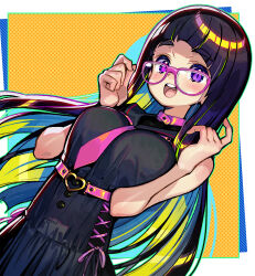Rule 34 | 1girl, bare shoulders, belt, black dress, black hair, blush, border, bow, bowtie, breasts, commentary request, cross-laced clothes, dress, glasses, green eyes, highres, large breasts, long hair, multicolored hair, onono imoko, orange background, original, pink-framed eyewear, pink belt, pink bow, pink bowtie, polka dot, polka dot background, purple eyes, two-tone hair, white border