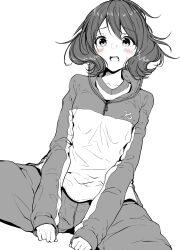 Rule 34 | 1girl, blush, breasts, collarbone, commentary request, gym shirt, hibike! euphonium, highres, jacket, long sleeves, looking at viewer, mokufuu, monochrome, open mouth, oumae kumiko, pants, shirt, simple background, sitting, sleeves past wrists, small breasts, solo, spot color, spread legs, track jacket, track pants, track suit, white background