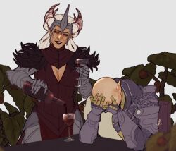 Rule 34 | 1boy, 1girl, armor, bald, covering face, cowboy shot, cup, dragon age, dragon age: inquisition, drinking glass, earrings, elf, flemeth, fur-trimmed armor, fur trim, grey background, headdress, hejee, highres, holding, holding cup, hunched over, impossible hair, jewelry, long hair, mature male, old, old woman, pointy ears, pouring, purple lips, sad, simple background, smile, solas, white hair, wine glass, wrinkled skin