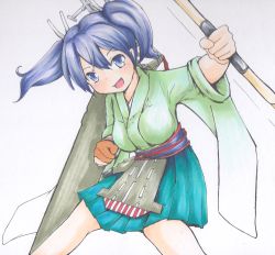 Rule 34 | 10s, 1girl, blue hair, blush, bow (weapon), breasts, japanese clothes, kantai collection, open mouth, personification, ribbon, short hair, skirt, smile, sokutenkun, solo, souryuu (kancolle), traditional media, twintails, weapon, wide sleeves