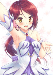 Rule 34 | 1girl, artist name, artist request, bare shoulders, blush, breasts, brightest melody, brown eyes, brown hair, collarbone, collared dress, dress, earrings, feather hair ornament, feathers, female focus, frilled dress, frills, hair ornament, hair ribbon, highres, jewelry, long hair, looking at viewer, love live!, love live! school idol festival, love live! sunshine!!, minakami nagara, minakami ryuyoshi, parted lips, red hair, ribbon, sakurauchi riko, skirt, small breasts, smile, solo, v, white dress, white feathers, white legwear, white ribbon, white skirt, yellow eyes