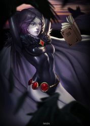 Rule 34 | 1girl, absurdres, arms up, belt, bird, blurry, book, cape, colored skin, dc comics, depth of field, feathers, fur trim, grey skin, highres, hyun sung oh, leotard, parted lips, purple hair, crow, raven (dc), short hair, solo, teen titans