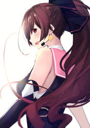 Rule 34 | .live, 1girl, absurdres, bare shoulders, blush, braid, breasts, brown hair, detached sleeves, from behind, hair between eyes, hair ribbon, headset, highres, idol, long hair, looking at viewer, looking back, medium breasts, open mouth, ponytail, red eyes, ribbon, simple background, smile, solo, untue, upper body, very long hair, virtual youtuber, white background, yaezawa natori