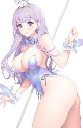Rule 34 | 1girl, absurdres, armpit crease, ass, azur lane, bare shoulders, blue bow, blue bowtie, blunt bangs, blush, bow, bowtie, breasts, cleavage, clover earrings, clover hair ornament, covered navel, detached collar, earrings, embarrassed, fake tail, fingernails, flower-shaped pupils, hair behind ear, hair ornament, highres, iridescent, jewelry, large breasts, leotard, light purple hair, long hair, looking at viewer, looking back, nail polish, official alternate costume, open mouth, playboy bunny, plymouth (azur lane), pole, purple eyes, purple hair, purple leotard, purple nails, rabbit tail, simple background, solo, strapless, strapless leotard, sweatdrop, symbol-shaped pupils, tail, thighs, white background, white wrist cuffs, wrist cuffs, yeije