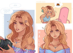 Rule 34 | 1girl, :&lt;, azuneekun, blonde hair, blue shirt, camera, earrings, english text, food, frilled skirt, frills, full-length mirror, hair ornament, hair up, hairclip, hairpin, haley (stardew valley), holding, holding camera, jewelry, long hair, mirror, multicolored eyes, multiple views, necklace, pink nails, pudding, ring, shirt, skirt, stardew valley, sweatdrop, thought bubble