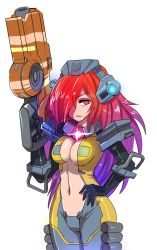 Rule 34 | 1girl, animification, armor, bodysuit, breasts, cleavage, gloves, gradient hair, gun, hand on own hip, helmet, highres, hmage, ion (titanfall 2), large breasts, long hair, multicolored hair, navel, purple hair, red eyes, red hair, rifle, simple background, smirk, stomach, titanfall, titanfall (series), titanfall 2, transparent background, weapon