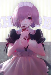 Rule 34 | 1girl, alternate costume, blush, bottle, breasts, commentary request, fate/grand order, fate (series), hair over one eye, highres, holding, holding bottle, ketchup, ketchup bottle, large breasts, light purple hair, looking at viewer, maid, maid headdress, mash kyrielight, mev, puffy short sleeves, puffy sleeves, purple eyes, short hair, short sleeves, smile, solo
