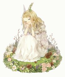 Rule 34 | 1girl, acorn, berry, blonde hair, dress, flower, goat horns, grass, green eyes, hands on own face, horns, ivy, long hair, looking at viewer, original, rose, seuga, sitting, solo, twig, white dress