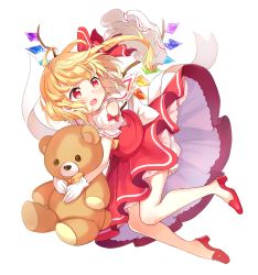Rule 34 | 1girl, ascot, bare shoulders, blonde hair, bloomers, blush, clothing cutout, commentary request, crystal, flandre scarlet, full body, gloves, hair ribbon, hat, high heels, highres, holding, holding stuffed toy, long hair, mob cap, one side up, open mouth, paragasu (parags112), petticoat, puffy short sleeves, puffy sleeves, red eyes, red footwear, red ribbon, red skirt, red vest, ribbon, shirt, short sleeves, shoulder cutout, simple background, skirt, skirt set, solo, stuffed animal, stuffed toy, teddy bear, touhou, underwear, unworn hat, unworn headwear, vest, white background, white bloomers, white gloves, white hat, white shirt, wings, yellow ascot