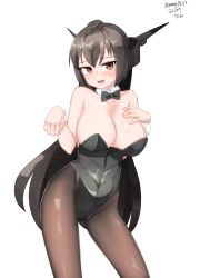 Rule 34 | 1girl, absurdres, alternate costume, black bow, black bowtie, black leotard, black pantyhose, bow, bowtie, breasts, cleavage, dated, detached collar, gluteal fold, headgear, highres, kantai collection, large breasts, leotard, looking at viewer, maru (marg0613), nagato (kancolle), pantyhose, playboy bunny, red eyes, simple background, solo, twitter username, white background