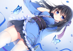 Rule 34 | 1girl, absurdres, ass, black hair, black skirt, blue eyes, blue kimono, bow, bug, butterfly, frilled kimono, frills, from below, hair between eyes, hair bow, hand on own head, highres, insect, japanese clothes, kimono, lolita fashion, long hair, long sleeves, looking at viewer, miniskirt, obi, original, panties, pantyshot, parted lips, pleated skirt, sash, shirosei mochi, short kimono, skirt, solo, thighhighs, underwear, wa lolita, white panties, white thighhighs, wide sleeves, wind