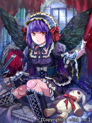 Rule 34 | 1girl, bad id, bad pixiv id, boots, character request, company name, crown, doll joints, dragon tactics, hairband, ichinose777, joints, lolita hairband, long hair, looking at viewer, official art, purple hair, red eyes, sitting, solo, stuffed animal, stuffed rabbit, stuffed toy, sword, weapon, wings