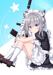 Rule 34 | 1girl, alternate costume, animal ear fluff, animal ears, apron, assault rifle, black dress, blue archive, blue background, blue eyes, blush, brown footwear, closed mouth, commentary request, dress, enmaided, frilled apron, frilled dress, frilled socks, frills, grey hair, gun, hair between eyes, hair ornament, halo, harada (sansei rain), highres, hugging own legs, loafers, long hair, looking at viewer, maid, maid apron, maid headdress, puffy short sleeves, puffy sleeves, rifle, shiroko (blue archive), shoes, short sleeves, sig sauer 556, socks, solo, star (symbol), two-tone background, weapon, white apron, white background, white socks