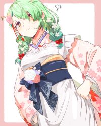 Rule 34 | 1girl, absurdres, antlers, apron, ceres fauna, ceres fauna (new year), flower, frilled apron, frills, green hair, hair flower, hair ornament, hands on own hips, highres, hololive, hololive english, horns, iris (tb33064667), japanese clothes, kimono, long hair, looking at viewer, mole, mole under eye, obi, official alternate costume, pink kimono, print kimono, sash, simple background, smile, virtual youtuber, yellow eyes