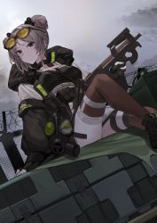 Rule 34 | 1girl, absurdres, black footwear, black jacket, brown thighhighs, bullpup, closed mouth, commission, double bun, eyewear on head, gas mask, girls&#039; frontline, grey hair, gun, hair bun, highres, holding, holding gun, holding weapon, jacket, long sleeves, looking at viewer, mask, medium hair, molyb, outdoors, p90, p90 (girls&#039; frontline), personal defense weapon, pixiv commission, red eyes, sitting, smile, solo, submachine gun, sunglasses, thigh strap, thighhighs, thighs, weapon