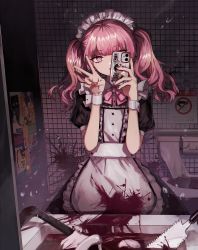 Rule 34 | 1girl, apron, black dress, blood, blood on clothes, blood splatter, bow, cellphone, center frills, commentary request, crowbar, danjou sora, dress, frilled apron, frills, hands up, head tilt, highres, holding, holding phone, japanese saw, long hair, looking at viewer, maid, maid headdress, nail polish, original, parted lips, phone, pink bow, pink eyes, pink hair, puffy short sleeves, puffy sleeves, red nails, saw, selfie, short sleeves, sign, sink, solo, tile wall, tiles, toilet, toilet paper, twintails, waist apron, white apron, wrist cuffs