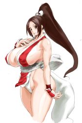 Rule 34 | 1girl, bad id, bad twitter id, bare shoulders, bonten, breasts, brown eyes, brown hair, cleavage, curvy, covered erect nipples, fatal fury, highres, hip focus, huge breasts, lips, long hair, looking at viewer, pelvic curtain, ponytail, revealing clothes, shiranui mai, sideboob, simple background, smile, solo, the king of fighters, thick thighs, thighs, white background