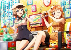 Rule 34 | 10s, 2girls, aged down, ahoge, antique phone, artist request, bare shoulders, blush, bow, braid, brown hair, camera, candy, clock, collarbone, cup, dress, earrings, food, grin, hair bow, hairband, hat, high-waist skirt, jewelry, looking at another, love live!, love live! school idol festival, love live! sunshine!!, multiple girls, official art, one eye closed, open mouth, orange hair, phone, photo (object), red eyes, ribbon, rotary phone, short hair, side braid, sitting, skirt, smile, striped, stuffed animal, stuffed toy, takami chika, teddy bear, television, thighs, watanabe you, window, yellow ribbon