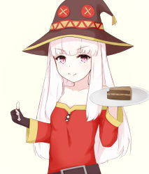 Rule 34 | 1girl, black gloves, cake, chirun0, closed mouth, cosplay, fingerless gloves, fire emblem, fire emblem: three houses, food, food on face, gloves, hat, holding, holding plate, kono subarashii sekai ni shukufuku wo!, long hair, long sleeves, lysithea von ordelia, megumin, megumin (cosplay), nintendo, pink eyes, plate, simple background, smile, solo, thumbs up, upper body, white background, white hair, witch hat