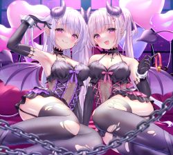 Rule 34 | 2girls, :q, arm up, armpits, balloon, bare shoulders, black choker, black garter straps, black gloves, black thighhighs, blush, breasts, chain, choker, cleavage, closed mouth, collar, commentary request, demon girl, demon horns, demon tail, demon wings, elbow gloves, feet out of frame, garter straps, gloves, hand in own hair, heart balloon, highres, horn ornament, horns, large breasts, long hair, looking at viewer, lying, multiple girls, on side, open mouth, original, pointy ears, purple eyes, purple hair, purple horns, purple wings, red collar, smile, tail, thighhighs, thighs, tongue, tongue out, torn clothes, torn thighhighs, twintails, wings, yuyuko (yuyucocco)