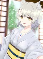 Rule 34 | 1girl, :d, animal ear fluff, animal ears, blurry, blurry background, braid, breasts, commentary request, depth of field, fang, grey hair, grey kimono, highres, indoors, japanese clothes, kimono, long sleeves, looking at viewer, mio (xenoblade), obi, open mouth, sash, short hair, sliding doors, small breasts, smile, snow, solo, tree, upper body, wide sleeves, xenoblade chronicles (series), xenoblade chronicles 3, yato sinoalice, yellow eyes