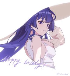 Rule 34 | 1girl, arm up, bare shoulders, braid, breasts, commentary request, cropped torso, from side, happy birthday, hetare mizu, highres, honkai (series), honkai impact 3rd, long hair, long sleeves, looking at viewer, looking to the side, medium breasts, puffy long sleeves, puffy sleeves, purple eyes, purple hair, purple nails, raiden mei, shirt, simple background, sleeveless, sleeveless shirt, smile, solo, twitter username, upper body, white background, white shirt