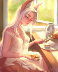 Rule 34 | 1girl, absurdres, animal ears, breakfast, breasts, closed mouth, dress, fox ears, fox tail, from side, heterochromia, highres, indoors, jam, long hair, losse (personal ami), original, personal ami, signature, sitting, small breasts, smile, solo, table, tail, white dress, white hair, window