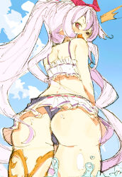 Rule 34 | 1girl, ass, bikini, cloud, day, fang, frilled bikini, frills, from behind, from below, gorirago, granblue fantasy, highres, long hair, looking at viewer, looking back, medusa (shingeki no bahamut), medusa (summer) (granblue fantasy), open mouth, outdoors, pink hair, pointy ears, red eyes, sidelocks, solo, swimsuit, thigh strap, very long hair, water, white bikini