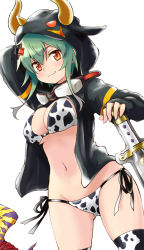 Rule 34 | 1girl, animal print, arm up, bikini, black bikini, black jacket, black thighhighs, blush, breasts, character hood, chinese zodiac, cleavage, closed mouth, commentary request, cosplay, cow print, cow print bikini, cowboy shot, curvy, deva (digimon), digimon, digimon (creature), digimon world re:digitize, dutch angle, eyebrows hidden by hair, goggles, goggles around neck, green hair, groin, hair between eyes, hair ornament, highres, holding, holding sword, holding weapon, hood, hood up, jacket, large breasts, long sleeves, looking at viewer, mihiramon, n36hoko, navel, orange eyes, print bikini, print jacket, shinomiya rina, shiny skin, short hair, side-tie bikini bottom, sidelocks, simple background, skindentation, smile, smug, solo focus, standing, stomach, swimsuit, sword, thighhighs, two-tone bikini, two-tone legwear, vajramon, vajramon (cosplay), weapon, white background, white bikini, white thighhighs, wide hips, x hair ornament, year of the ox, year of the tiger