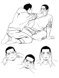 Rule 34 | 2boys, buzz cut, cheek pull, cheek squash, chengongzi123, contemporary, facial hair, facing another, full body, goatee stubble, golden kamuy, hands on another&#039;s face, highres, hood, hoodie, indian style, kneeling, koito otonoshin, lineart, long sleeves, looking at another, looking at viewer, male focus, multiple boys, multiple views, pants, short hair, simple background, sitting, socks, stubble, tsukishima hajime, very short hair, white background