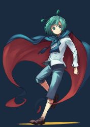 Rule 34 | 1girl, antennae, brown footwear, cape, closed mouth, collared shirt, full body, green eyes, green hair, highres, long sleeves, shirt, short hair, simple background, solo, standing, standing on one leg, tanaka nunu, touhou, white shirt, wriggle nightbug