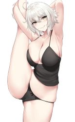 Rule 34 | 1girl, absurdres, alternate costume, armpits, bare shoulders, black panties, black tank top, blush, breasts, cleavage, commentary request, fate/grand order, fate (series), hair between eyes, highres, jeanne d&#039;arc (fate), jeanne d&#039;arc alter (avenger) (fate), jeanne d&#039;arc alter (fate), knatb, large breasts, midriff, mole, panties, silver hair, split, standing, standing on one leg, standing split, stretched limb, tank top, thighs, trembling, underwear, wavy mouth, white background, yellow eyes