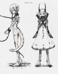 Rule 34 | 2girls, chain, dated, highres, horns, looking at viewer, monochrome, monster girl, multiple girls, nude, original, pointy ears, short hair, simple background, sketch, slave, tail, toi (number8), traditional media, white background
