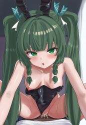 1boy 1girl absurdres android animal_ears bare_shoulders black_leotard blunt_bangs blush censored clothed_sex clothing_aside collarbone cowgirl_position cum cum_in_pussy ejaculation fake_animal_ears green_eyes green_hair groin hair_intakes highleg highleg_leotard highres internal_cumshot leotard leotard_aside long_hair looking_at_viewer megaonefreak mosaic_censoring nipples one_breast_out open_mouth playboy_bunny pov pov_crotch pussy qingyi_(zenless_zone_zero) rabbit_ears solo_focus straddling strapless strapless_leotard twintails very_long_hair zenless_zone_zero