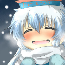 Rule 34 | 1girl, bad id, bad pixiv id, blush, chibi, expressive clothes, closed eyes, female focus, gloves, hands on own chest, happy, hat, kamishirasawa keine, open mouth, rebecca (keinelove), scarf, smile, snowing, solo, touhou