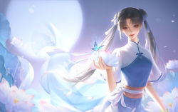 Rule 34 | absurdres, black hair, blue dress, blue eyes, bug, butterfly, china dress, chinese clothes, double bun, dress, facial mark, flower, forehead mark, hair bun, highres, insect, lotus, meng she, ribbon, smile, twintails, xianjian qixia zhuan, zhao linger
