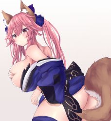 Rule 34 | 1girl, animal ear fluff, animal ears, ass, bare shoulders, blue kimono, blue ribbon, blue thighhighs, breast hold, breasts, breasts out, commentary, commentary request, detached sleeves, fate/extella, fate/extra, fate/grand order, fate (series), fox ears, fox girl, fox tail, hair ribbon, highres, japanese clothes, kimono, large breasts, looking at viewer, pink hair, ribbon, simple background, solo, tail, tamamo (fate), tamamo no mae (fate/extra), thighhighs, white background, yellow eyes, yuuki shuri